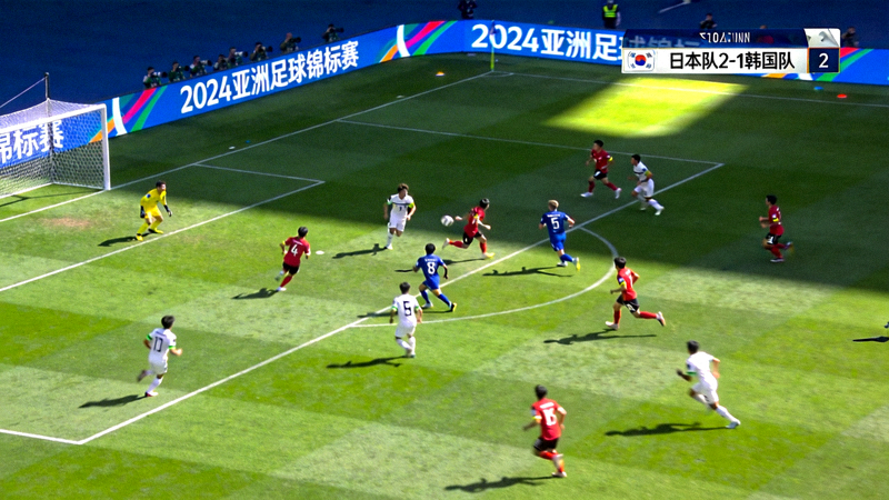 亚洲足球赛事高清直播画面截图，展示球场、球员和实时比分